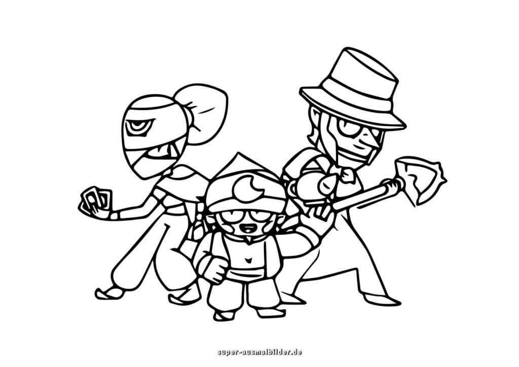 Brawl Stars Ausmalbilder – Drei Helden mit Hut, Karten und Schaufel, Bilder zum Ausmalen für Kinder super ausmalbilder
