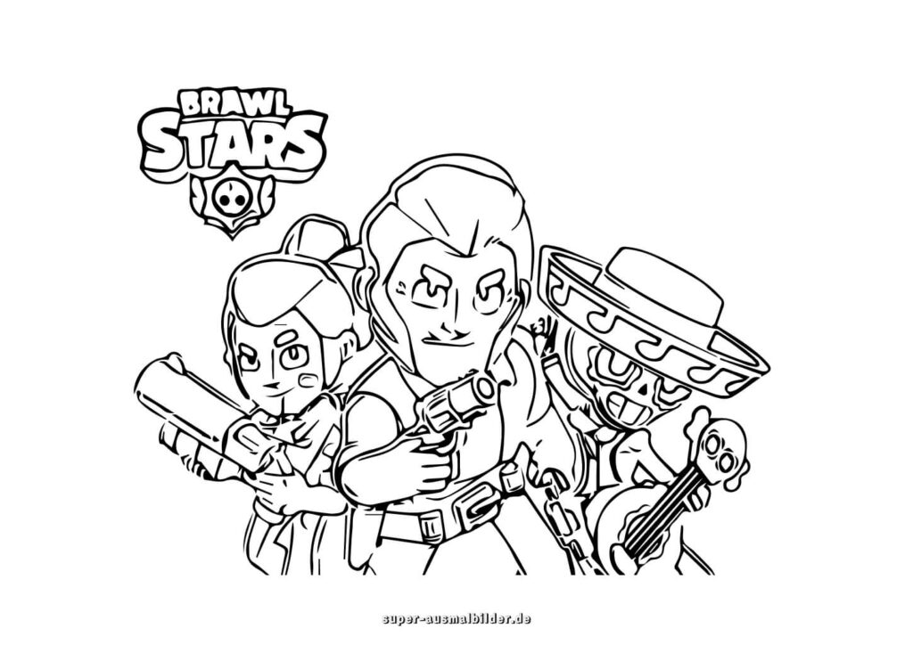Brawl Stars Ausmalbilder – Drei Helden mit Waffen und Logo, kostenlose Bilder zum Ausmalen und Nachmalen für Kinder super ausmalbilder