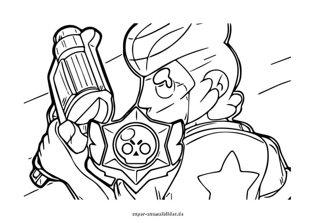 Brawl Stars Ausmalbilder – Held mit Pistole und Abzeichen im Action Style, kostenlose Malvorlagen zum Drucken super ausmalbilder
