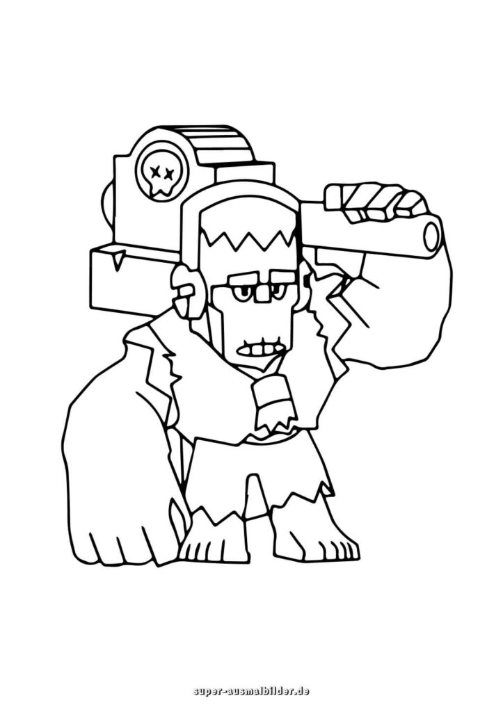 Brawl Stars Malvorlage Großer Held mit Hammer und Kanone, kostenlose Bilder zum Ausmalen für Kinder super ausmalbilder