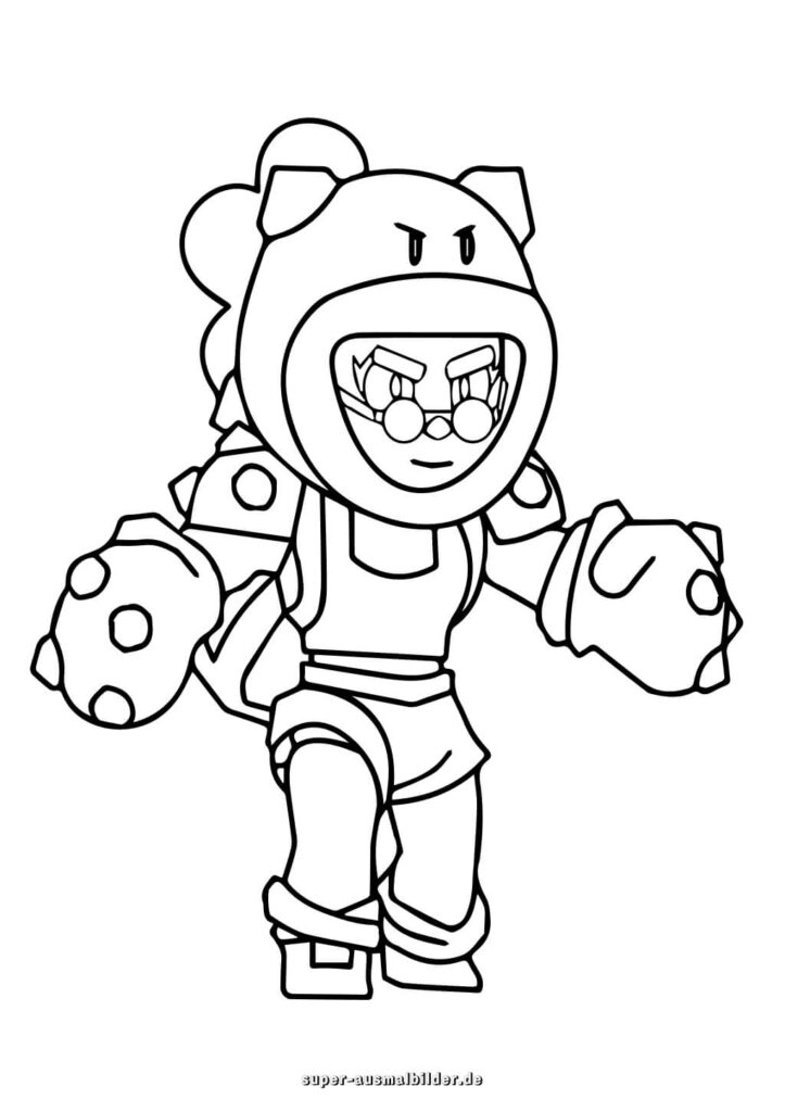Brawl Stars Malvorlage Kämpferin Heldin im Bärenanzug mit Boxhandschuhen, kostenlose Bilder zum Ausmalen super ausmalbilder