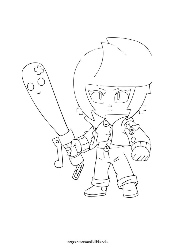 Brawl Stars Malvorlage Mädchen Heldin mit Baseballschläger, Ausmalbilder zum Ausdrucken kostenlos super ausmalbilder
