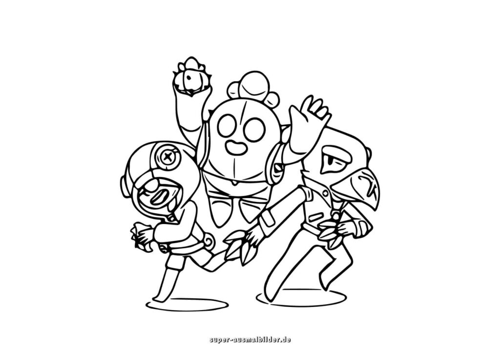 Brawl Stars Malvorlage – Drei Helden laufen und kämpfen, lustige Ausmalbilder für Kinder zum Drucken super ausmalbilder