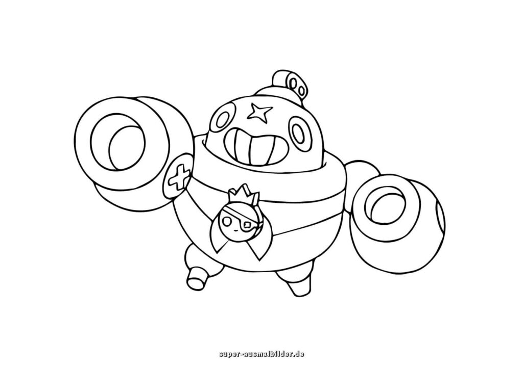 Brawl Stars Malvorlage – Runder Roboter Held mit großen Armen und Stern, Bilder zum Ausmalen kostenlos für Kinder super ausmalbilder