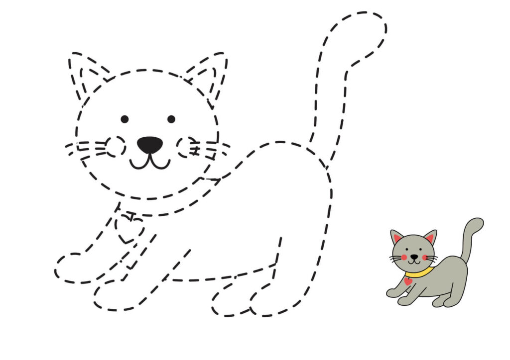 Eine Katze entlang der Linien mit einem Beispiel ausmalen