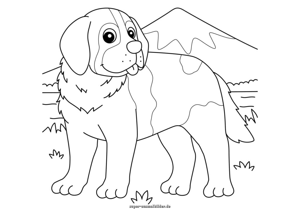 Hund Ausmalbild Bernhardiner steht in den Bergen, Malvorlage Hund für Kinder