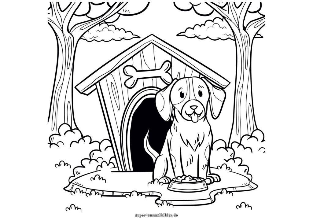 Hund Ausmalbild im Garten – süßer Hund sitzt vor Hundehütte mit Bäumen und Futternapf
