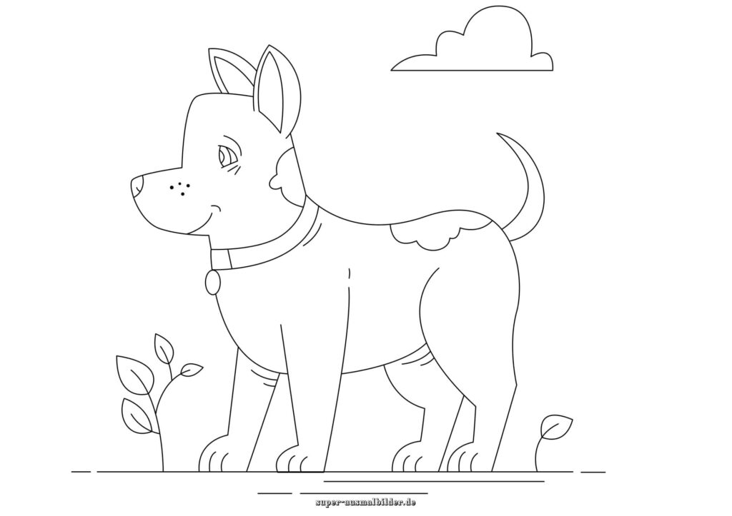 Hund Ausmalbild süßer Hund mit Halsband und Wolkenhimmel