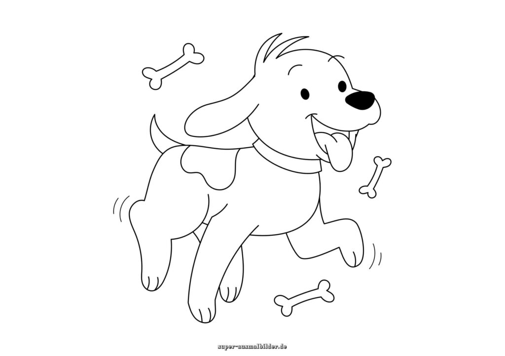 Hund Ausmalbilder fröhlicher Hund läuft mit Knochen, Ausmalbild Hund zum Ausmalen für Kinder