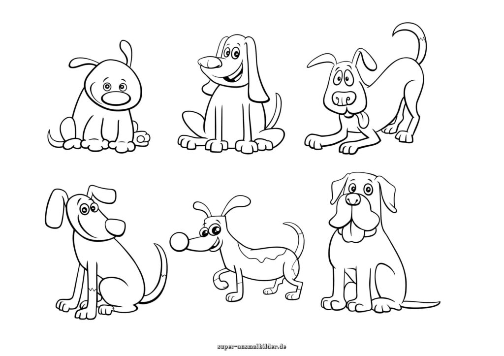 Hund Malvorlage sechs lustige Hunde im Cartoon Stil