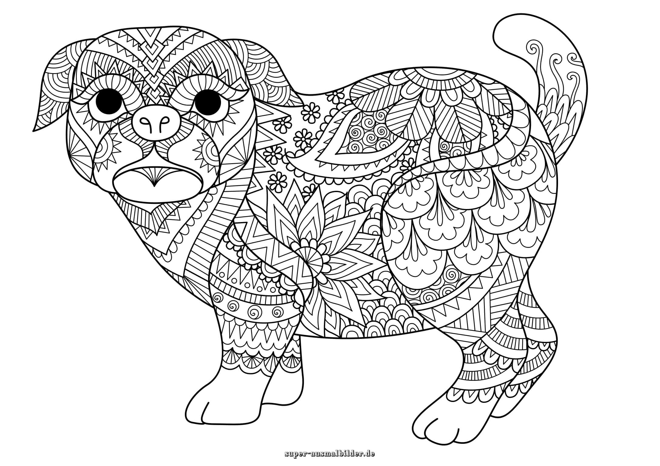 Hunde Ausmalbilder Mandala – dekorativer Hund mit Mustern und Ornamenten zum Ausmalen für Erwachsene
