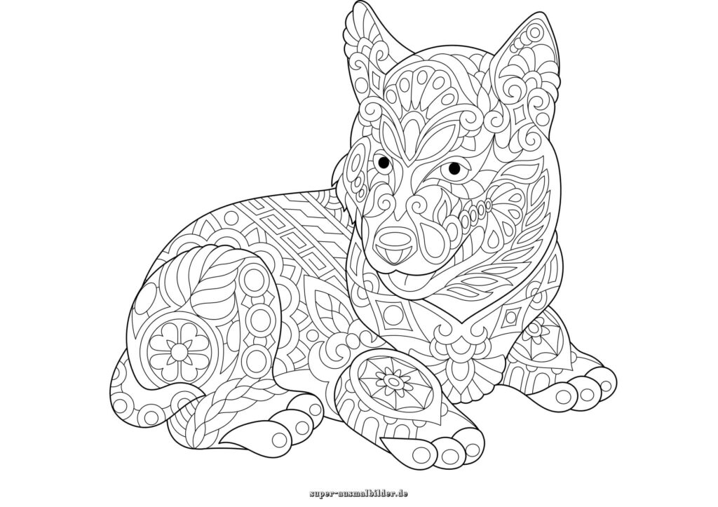 Hunde Mandala Ausmalbilder – liegender Hund mit ornamentalen Mustern für Erwachsene