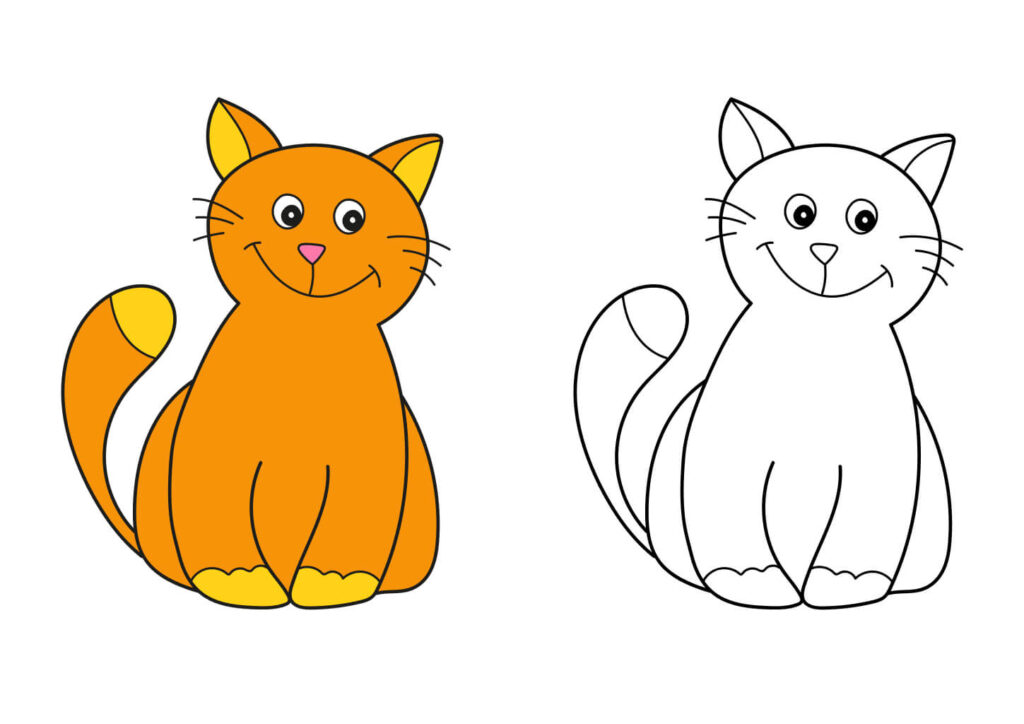Katze Ausmalbild einfach mit Beispiel – sitzende lächelnde Cartoon Katze