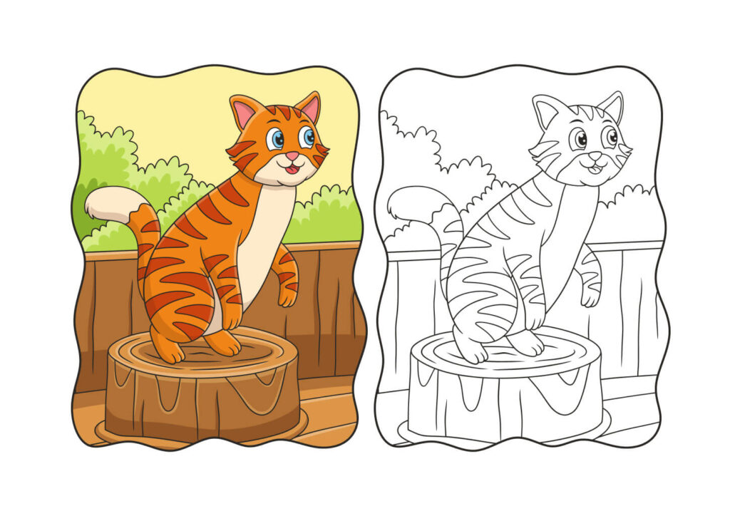 Katze Ausmalbild im Garten mit Beispiel – stehende Katze auf Baumstumpf