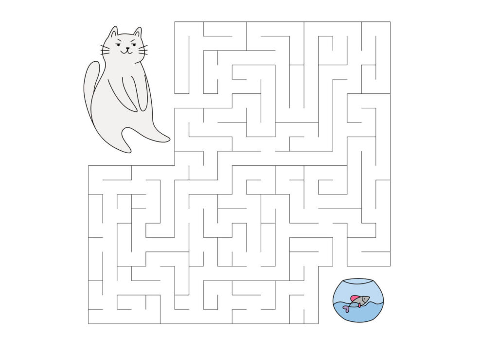 Katze Labyrinth Ausmalbild – finde den Weg zum Fisch