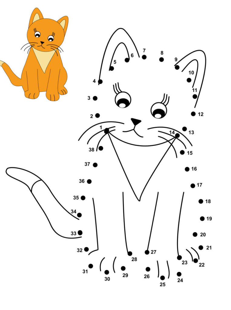 Katze Punkte verbinden – süßes Kätzchen mit Beispiel zum Ausmalen
