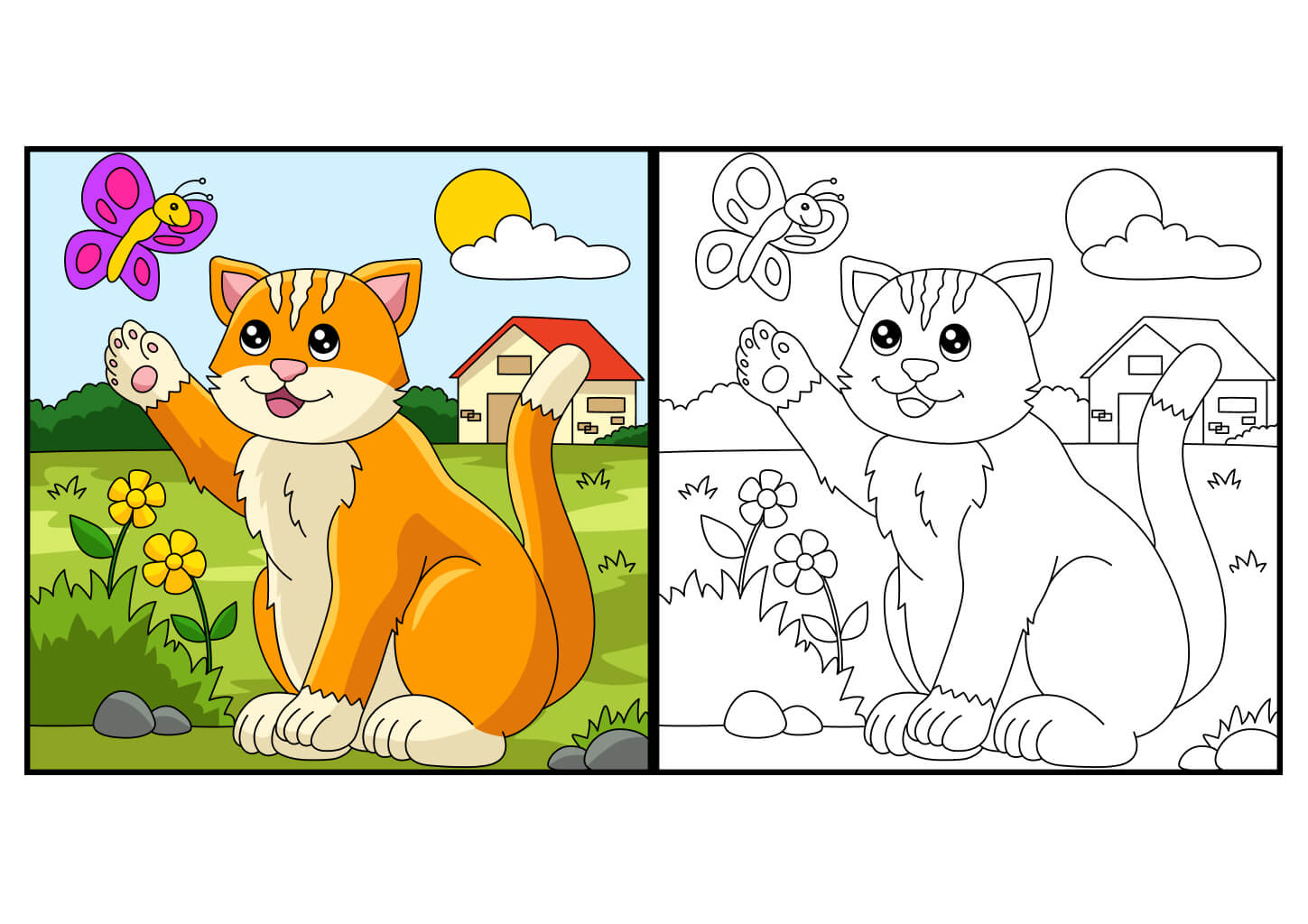 Katze im Garten Ausmalbild mit Beispiel – spielende Katze mit Schmetterling