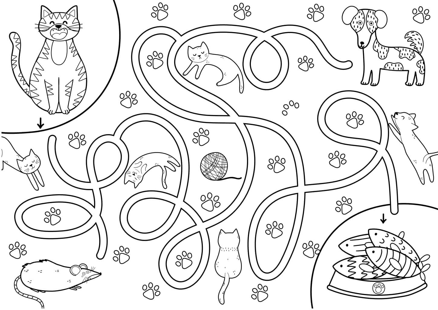 Katzen Labyrinth Ausmalbild – süße Katze findet den Weg zum Futter