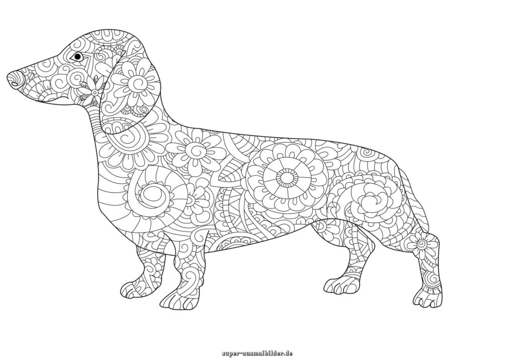 Mandala Hund Malvorlage – Dackel Hund Ausmalbild mit Blumenmustern zum Ausdrucken