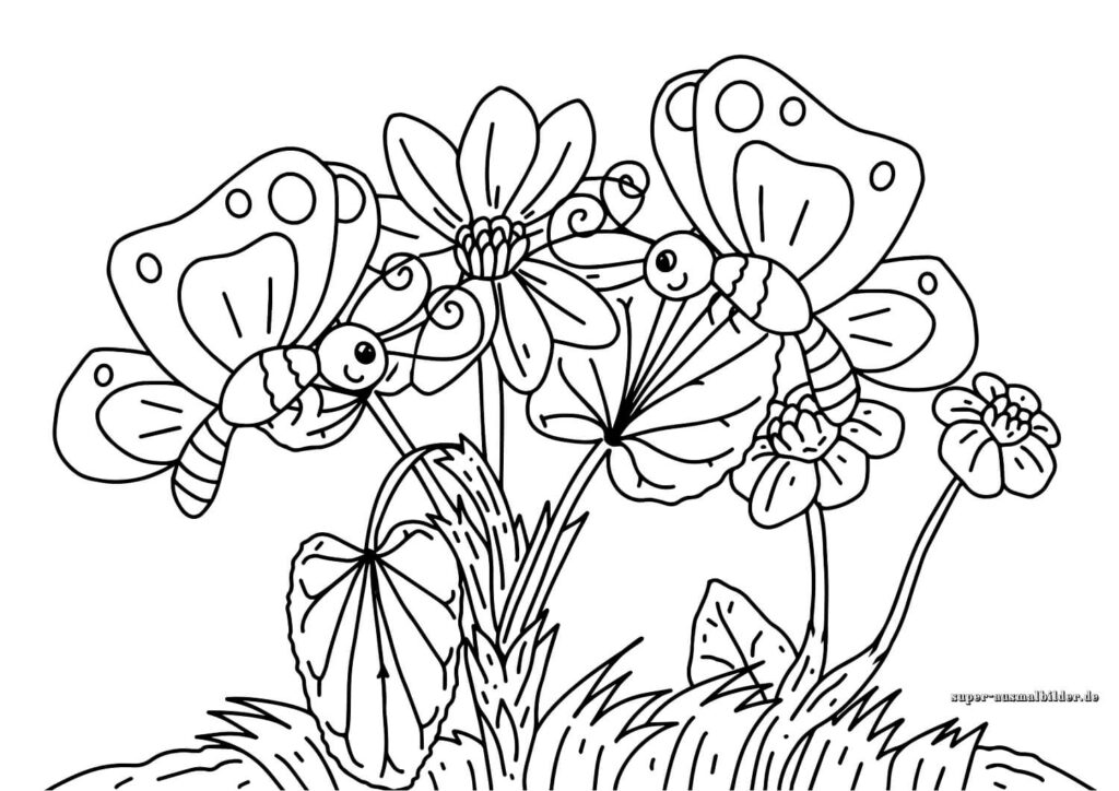 Schmetterling Ausmalbilder zwei süße Schmetterlinge auf Blumen, Malvorlage Schmetterling und Blume zum Ausmalen