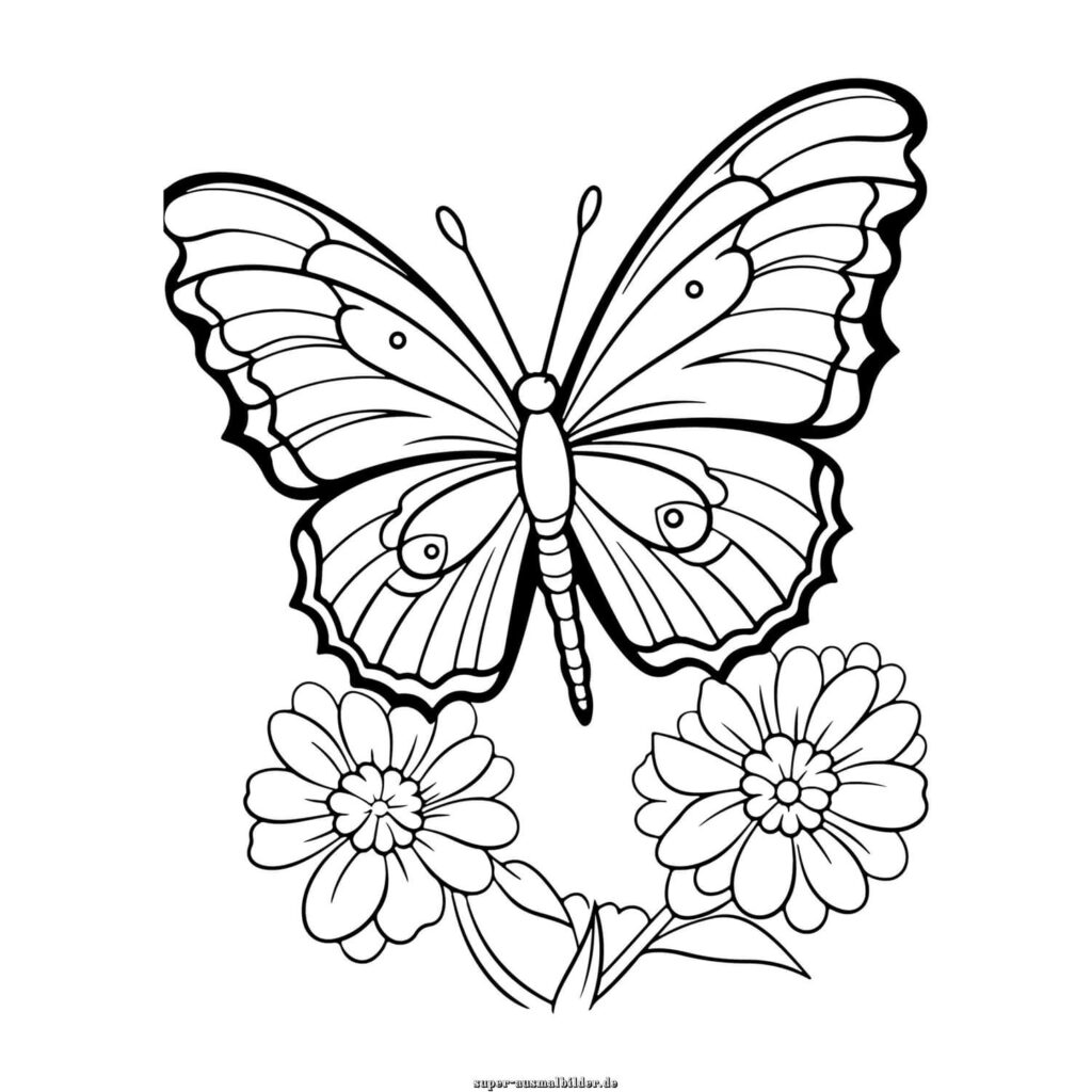 Schmetterling Malvorlage Schmetterling über Blumen, Ausmalbild Schmetterling und Blumen zum Ausdrucken