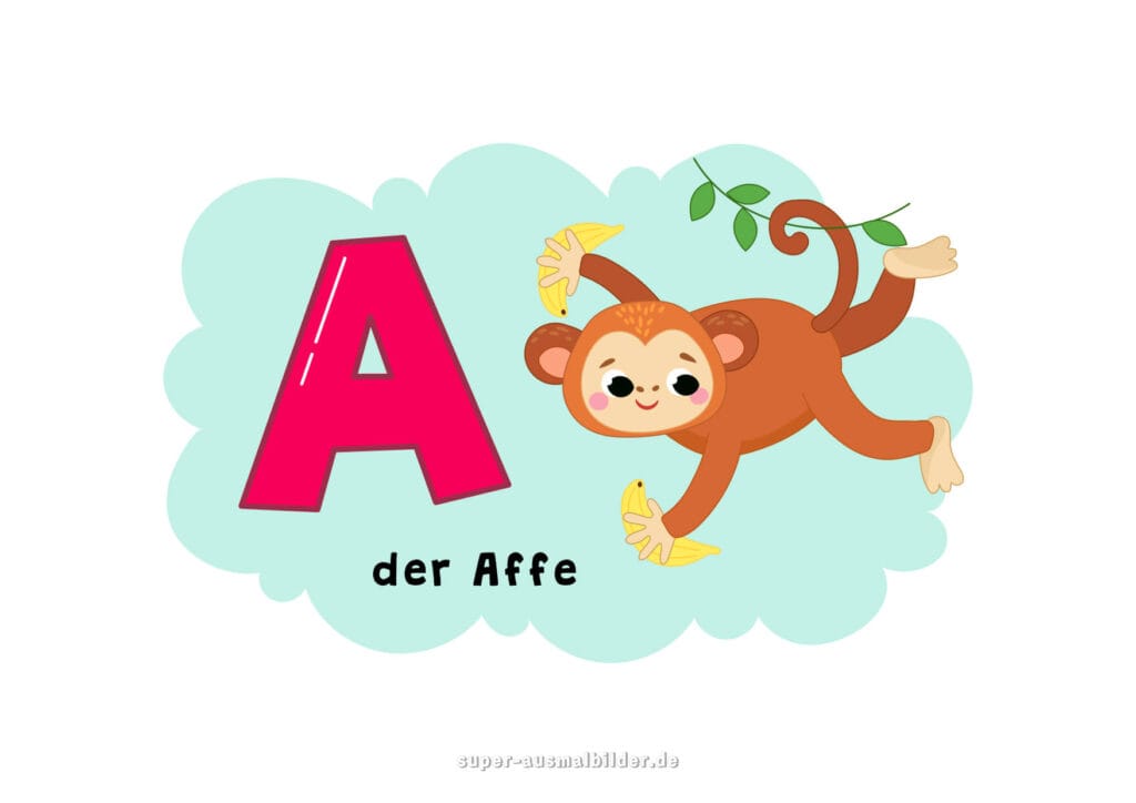 A – Deutsches Alphabet Buchstabe A mit Affe, lustiger Affe mit Bananen, Kinderalphabet kostenlos zum Ausdrucken und Lernen