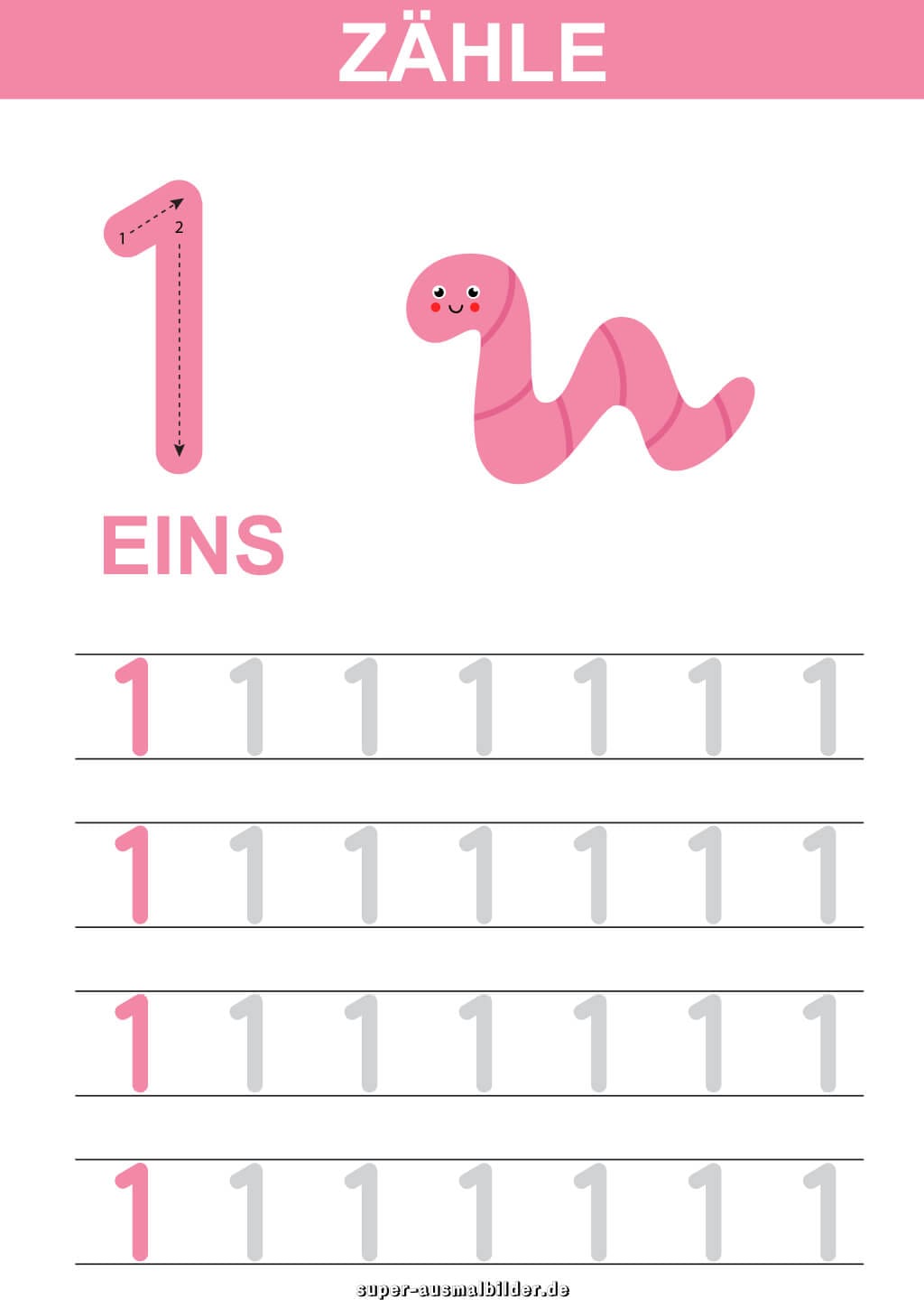 , Lernblatt Zahl – Zähle das Tier und schreibe die Zahl mehrfach in die Zeilen, Arbeitsblatt Deutsch kostenlos für Kinder zum Ausdrucken