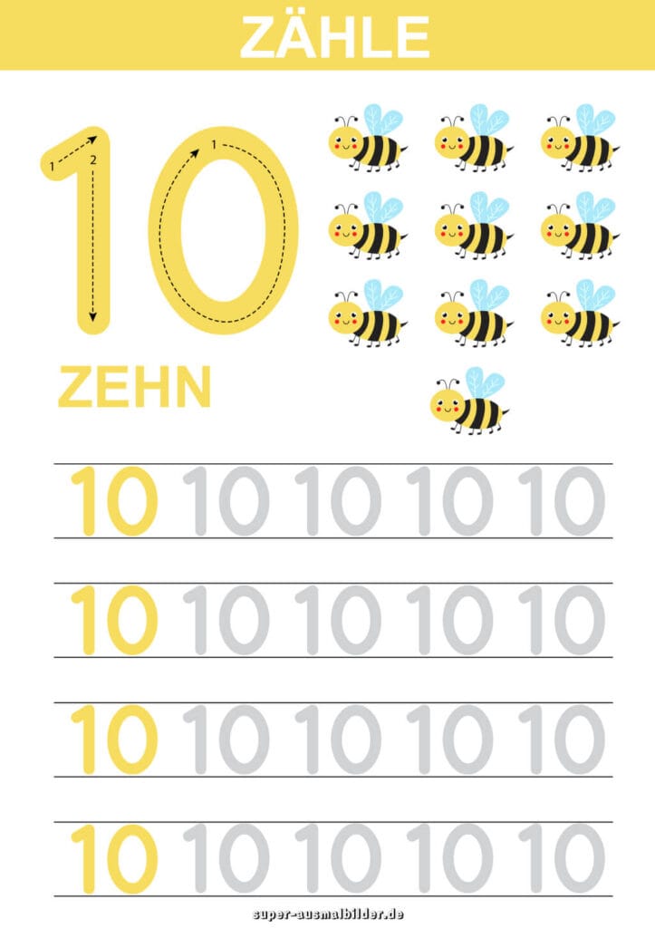 , Lernblatt Zahl – Zähle die Tiere und übe die Zahl mehrmals zu schreiben, kostenloses Arbeitsblatt Deutsch für Kinder