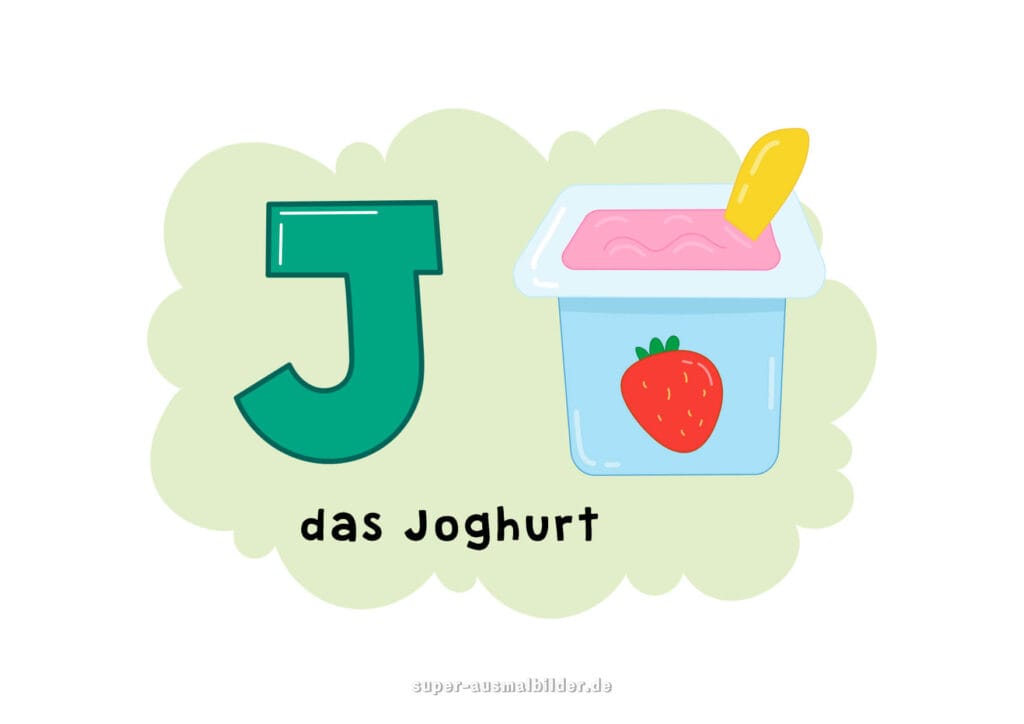 – Deutsches Alphabet Buchstabe J mit Wortbeispiel „das Joghurt“ – großer grüner J Buchstabe und Becher Joghurt mit Erdbeere, Illustration für Kinder