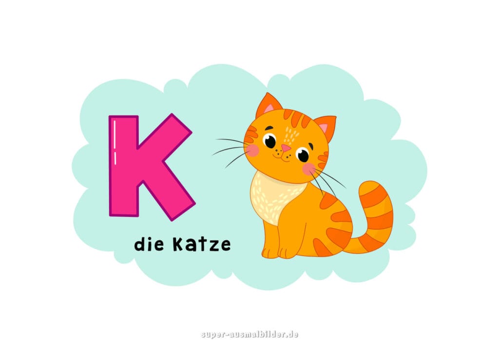 – Deutsches Alphabet Buchstabe K mit Wortbeispiel „die Katze“ – großer pinker K Buchstabe und süße orange Katze, Kinder Alphabetkarte