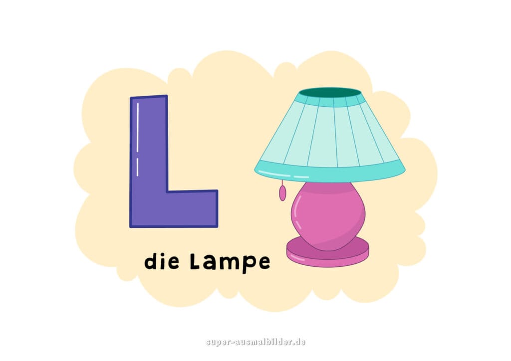 – Deutsches Alphabet Buchstabe L mit Wortbeispiel „die Lampe“ – große farbige L Form und Tischlampe mit Schirm, Lernkarte für Kinder