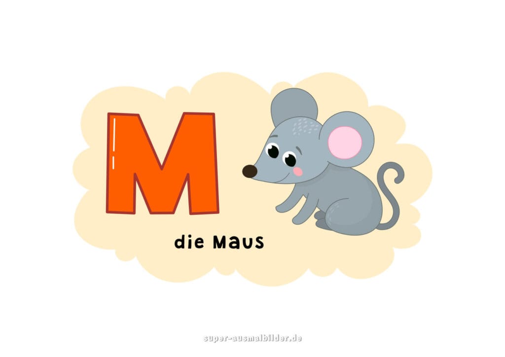 , Deutsches Alphabet Buchstabe M mit einer grauen Maus, Alphabet zum Lernen und Ausdrucken kostenlos