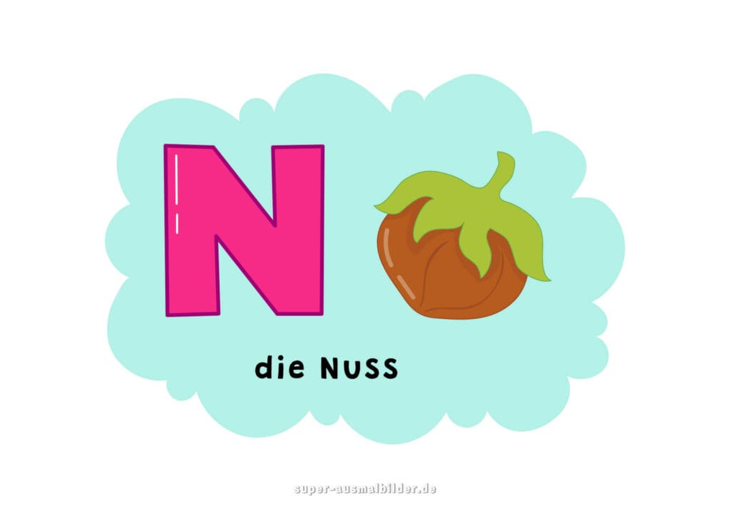 , Deutsches Alphabet Buchstabe N mit einer braunen Nuss, Alphabet Bilder für Kinder kostenlos zum Ausdrucken