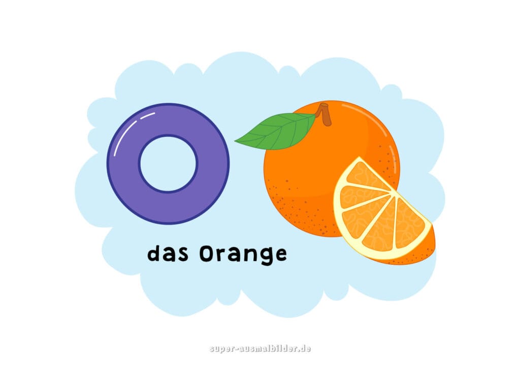 , Deutsches Alphabet Buchstabe O mit einer Orange und Orangenscheibe, Alphabet Buchstaben Bilder kostenlos für Kinder