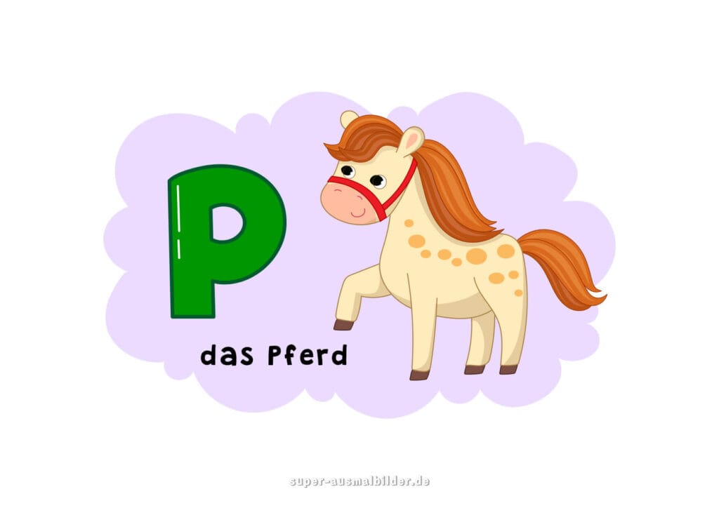 P – Deutsches Alphabet Buchstabe P mit Pferd, süßes Pony mit brauner Mähne, Kinderalphabet Bilder kostenlos zum Ausdrucken