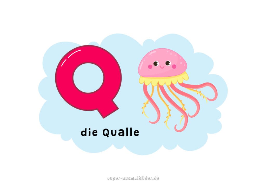 Q – Deutsches Alphabet Buchstabe Q mit Qualle, rosa Qualle mit Tentakeln, Alphabet Buchstaben zum Ausdrucken für Kinder