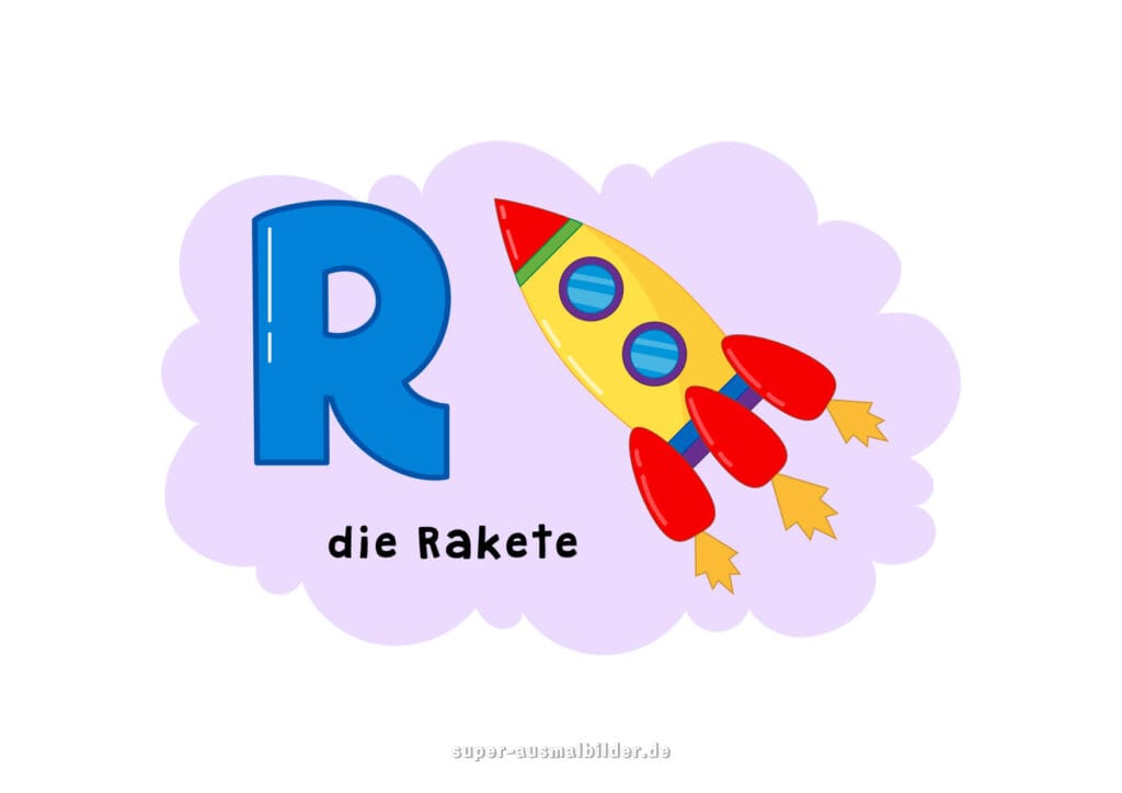 R – Deutsches Alphabet Buchstabe R mit Rakete, bunte Rakete mit roten Flammen, kostenloses Kinderalphabet zum Drucken