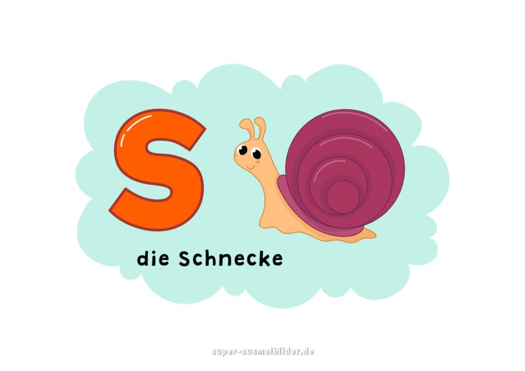 S – Deutsches Alphabet Buchstabe S mit Schnecke, lustige Schnecke mit großem Häuschen, Alphabet Bilder für Kinder zum Ausdrucken