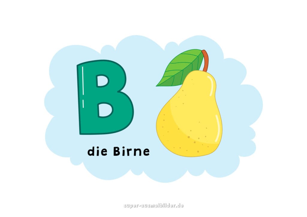 B – Deutsches Alphabet Buchstabe B mit Birne, gelbe Birne mit grünem Blatt, Alphabet für Kinder kostenlos zum Drucken