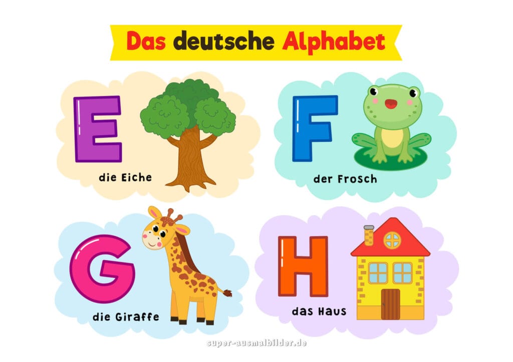 Deutsche Alphabet Buchstaben E F G H mit Bildern Eiche, Frosch, Giraffe, Haus, Alphabet zum Drucken und Lernen für Kinder kostenlos