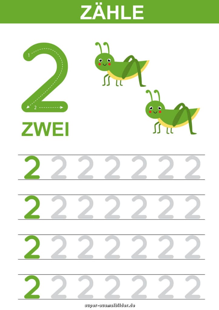 , Lernblatt Zahl – Zähle die Tiere und schreibe die Zahl mehrfach, Übungsblatt Zahlen lernen kostenlos drucken