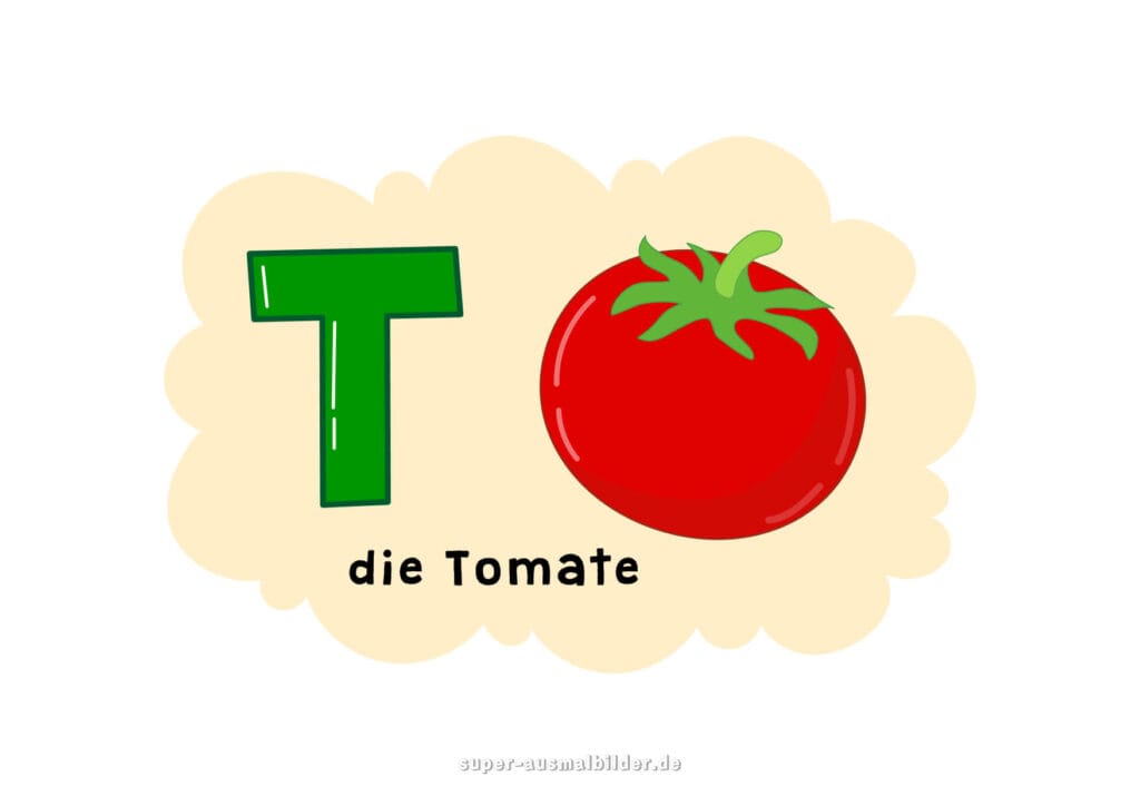 T – Deutsches Alphabet Buchstabe T mit Tomate, rote Tomate mit grünem Stiel, Kinderalphabet kostenlos zum Ausdrucken