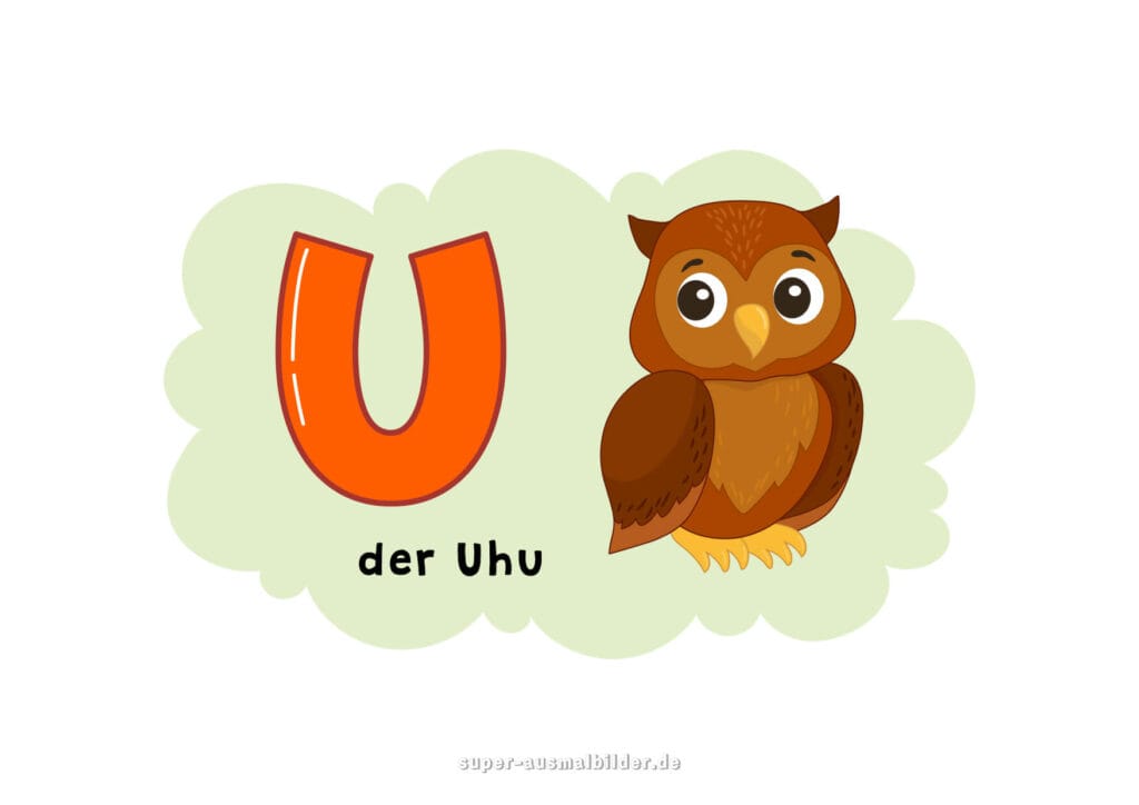 , Deutsches Alphabet Buchstabe U mit einem braunen Uhu, Alphabet Tierbilder kostenlos zum Ausdrucken