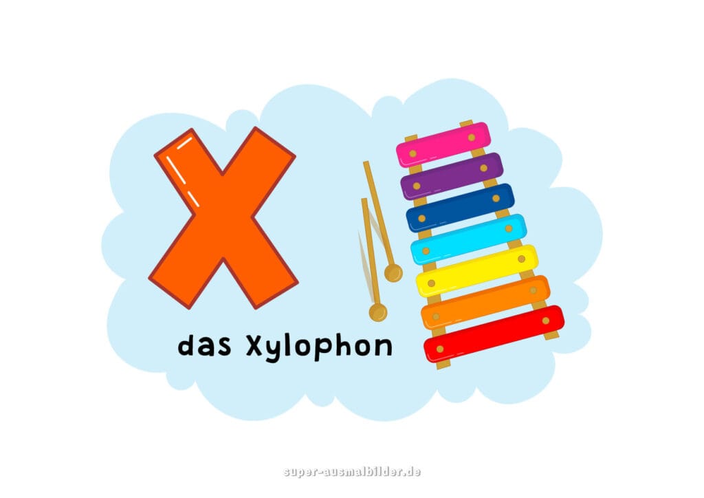 , Deutsches Alphabet Buchstabe X mit einem bunten Xylophon, Kinderalphabet Bilder kostenlos drucken und lernen