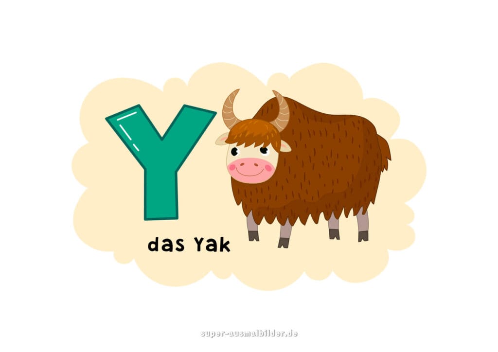 , Deutsches Alphabet Buchstabe Y mit einem braunen Yak, Alphabet Tierbilder kostenlos für Kinder zum Ausdrucken