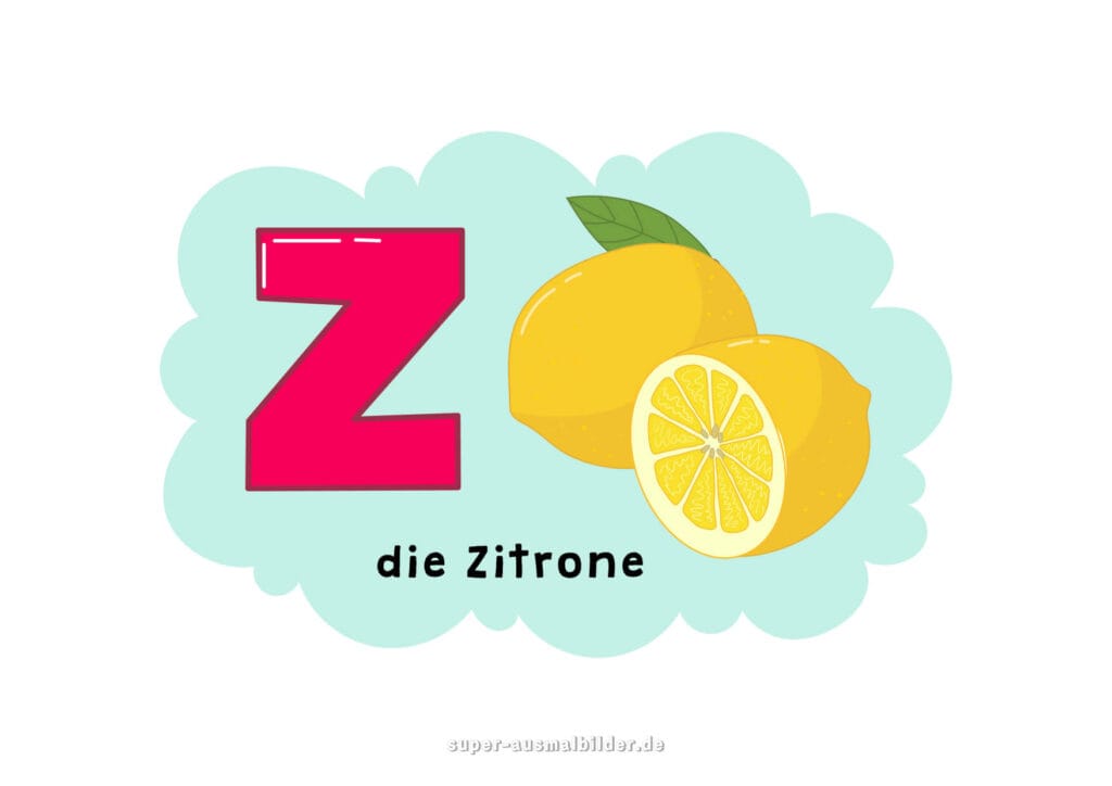 , Deutsches Alphabet Buchstabe Z mit einer gelben Zitrone und Zitronenscheibe, Alphabet kostenlos zum Drucken für Kinder