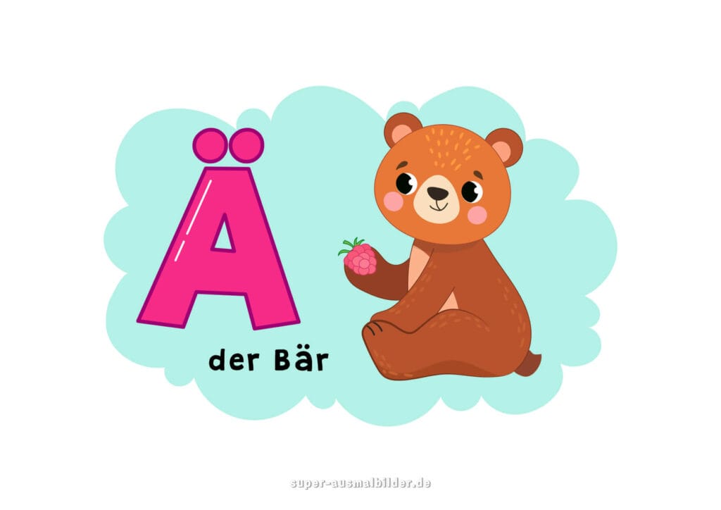 Ä – Deutsches Alphabet Buchstabe Ä mit Bär, brauner Bär mit Himbeere, Alphabet für Kinder kostenlos drucken