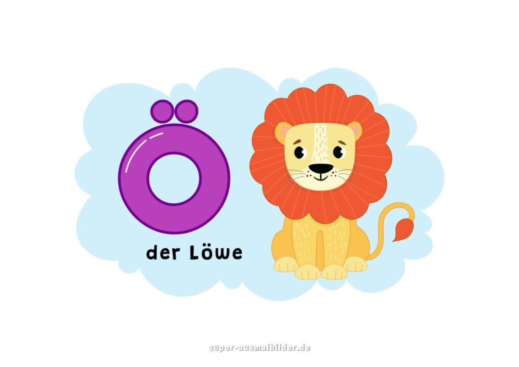Ö – Deutsches Alphabet Buchstabe Ö mit Löwe, süßer Löwe mit roter Mähne, Deutsches Kinderalphabet kostenlos zum Ausdrucken