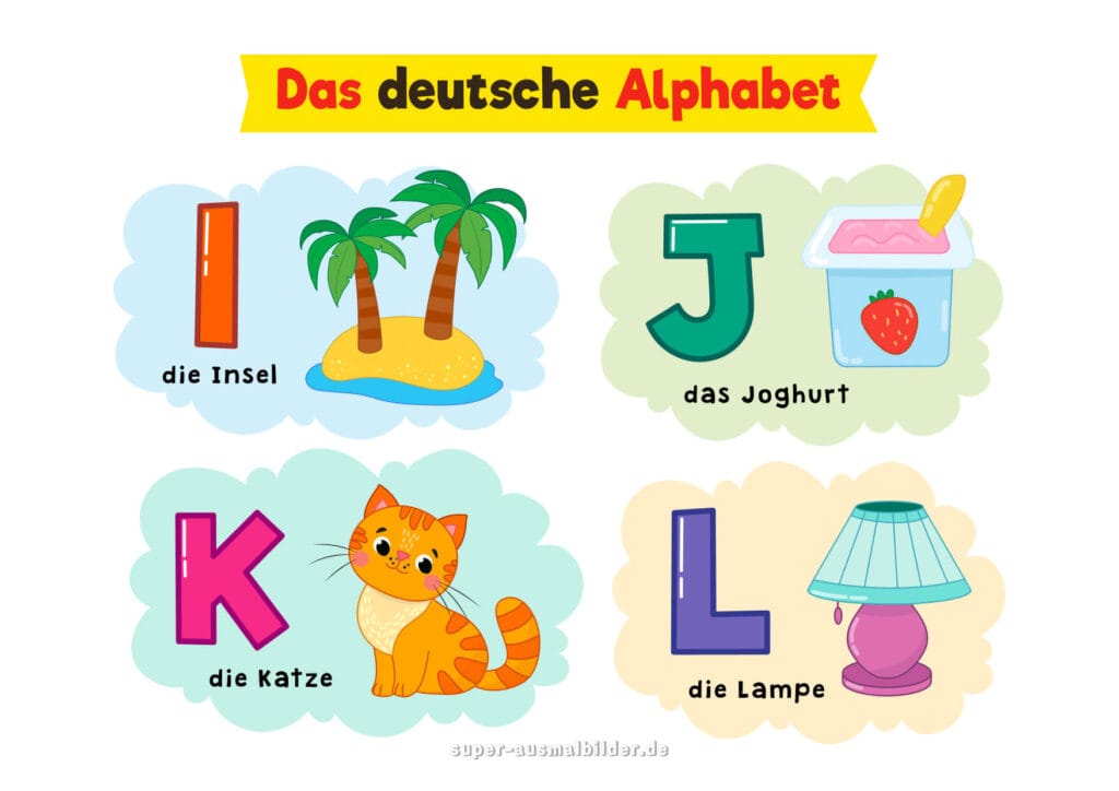 Alphabet Buchstaben I J K L aus dem deutschen Alphabet Insel, Joghurt, Katze, Lampe, kostenlos zum Ausmalen und Ausdrucken für Kinder