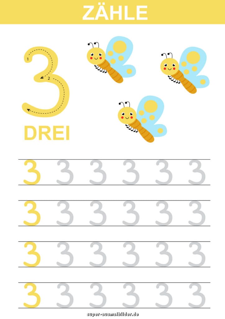 , Lernblatt Zahl – Zähle die Tiere und wiederhole die Zahl in den Reihen, gratis Arbeitsblatt zum Drucken für Kinder